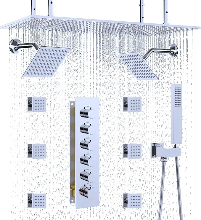 HOMEDEC 15.7x31.5" Rainfall Shower Head System, with 6 Body Jets with Handheld and Dual Side 6" Wall Mount Head, Chrome