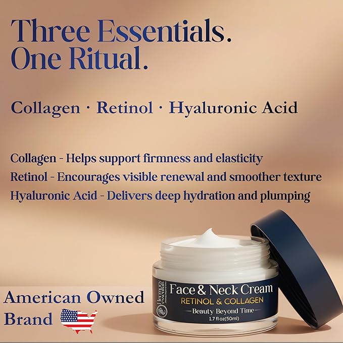 Hermony Essentials Collagen, Retinol & Hyaluronic Acid Cream – Anti Aging Face & Neck Daily Moisturizer, Firming, Lightweight, Fast Absorbing Cream Skincare for Women, American Brand, 1.7 fl oz