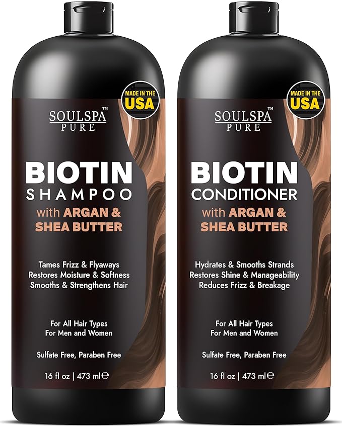 Biotin Shampoo and Conditioner Set with Argan & Shea Butter | Moisturizing & Thickeing Formula | Sulfate free Shampoo and Conditioner for Curly, Dry or Damaged Hair | SOULSPA PURE – 16 fl oz Each
