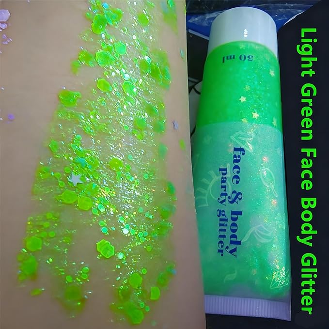Go Ho Light Green Face Body Glitter,Sparkly Face Glitter Makeup,Light Green Face Paint Holographic Chunky Sequins Glitters for Eye Lip Hair, St Patricks Day Accessories