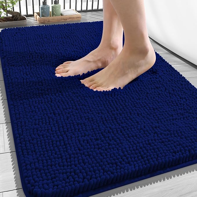 OLANLY Bathroom Rugs 34x21, Extra Soft Absorbent Chenille Bath Rugs, Rubber Backing Quick Dry, Machine Washable Bath Mats for Bathroom Floor, Tub and Shower, Home Decor Accessories, Navy