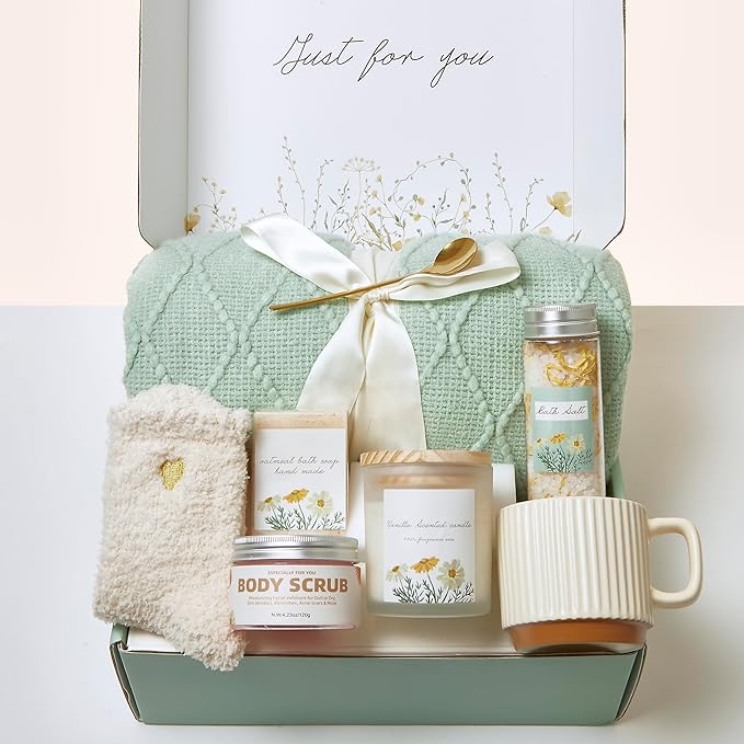 Deluxe Spa Self Care Gift Basket – Postpartum & Surgery Gifts, Home Spa Care Package with Body Scrub Bath Salt, Relaxing Birthday Get Well Box, Gifts to Cheer Her Up