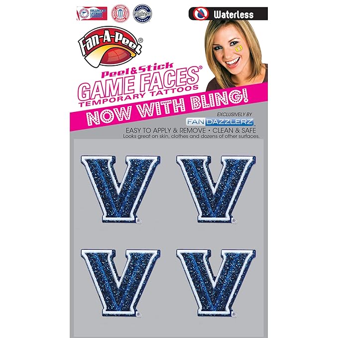 Fan-A-Peel Villanova Waterless Temporary Tattoos - Hypoallergenic Peel and Stick Waterproof Temporary Tattoos, Glitter - Officially Licensed