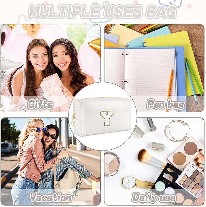 URSKYTOUS Gifts for Girls Initial Makeup Bag Personalized Cosmetic Bag with Zipper Cute Travel Toiletry Bags Waterproof PU Preppy Makeup Pouch Birthday Gift for Teen Girls Women(White Y)