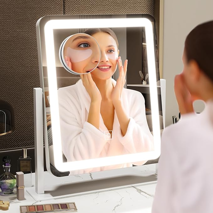 HNV Vanity Mirror with Lights – 15"x13" Large Makeup Mirror with Light, 3-Color Dimmable LED, Touch Screen, 360° Rotation, Tabletop Vanity Mirror for Bedroom or Desk (White)