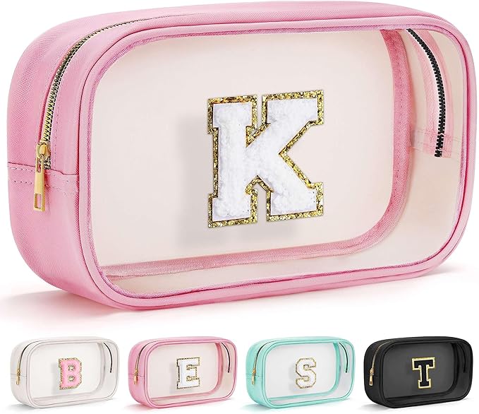 YOOLIFE Valentines Gifts for Teenage Girls Stocking Stuffers Teacher Gifts Initial Clear Makeup Bag Pouch Travel Toiletry Cosmetic Bags Birthday Gift for 4 5 6 7 8 9 10 11 12 Year Old Girls Pink K