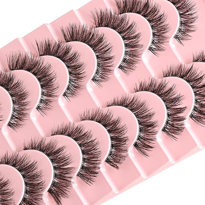 FARRED Natural False Eyelashes Cat Eye Lashes Strips Invisible Band Fake Mink Strip Lash Wispy Thin Clear Band Cateye Eye Lash Pack Full Volume Medium Length 8-14 mm Short Wispies Pestañas Postizas