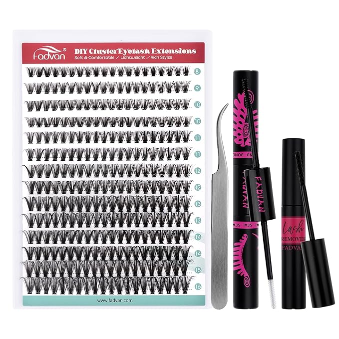 FADVAN DIY Lash Extension Kit 40D Volume Lash Clusters Kit with Lash Bond and Seal 280 pcs Thick Individual Lashes 8-14 mm D Mink Lashes Cluster, Lash Cluster Remover and Tweezers