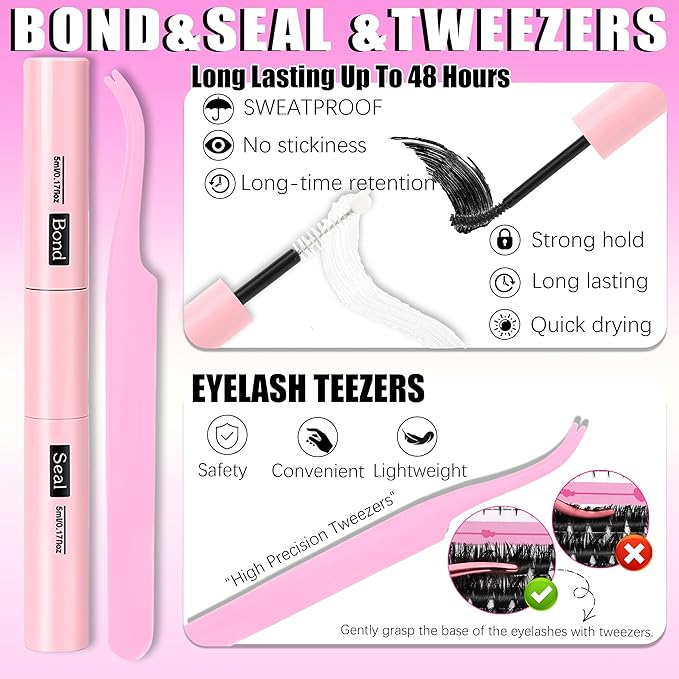 4 Styles Lash Clusters Kit 60D+80D+100D+150D Volume Clusters Lashes Extensions Kit with 2 Bond and Seal 10-18mm Wispy D Curly Full DIY Individual Eyelash Extensions Kit DIY at Home Easily