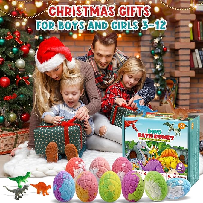 Bath Bombs for Kids with Dinosaur Toys Inside, Valentines Day Gifts for Kids, Easter Basket Stuffers, 9 Pack Natural Organic Dinosaur Bath Bombs Bubble Bath Gift Set, Birthday Gifts for Kid