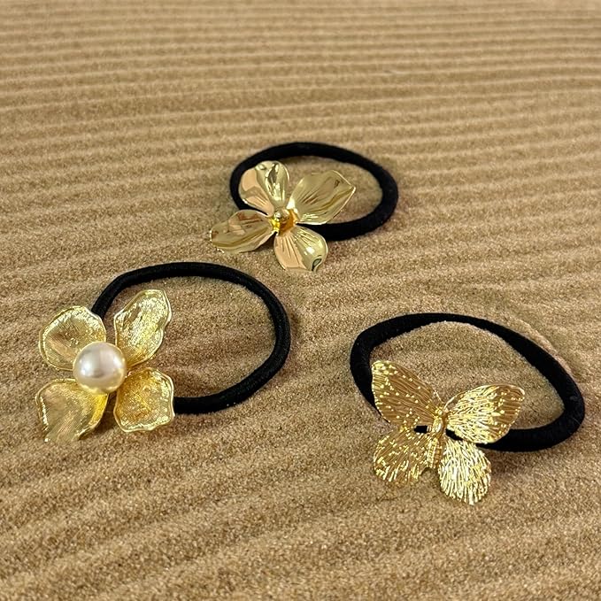 3PCS Golden Metal Hair Ties – No Damage Thick Band, High Elasticity, Durable, Stylish Golden Geometric Ponytail Holders Hair Accessories for Women