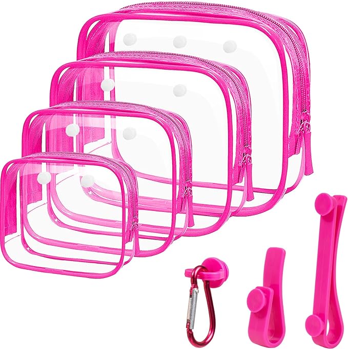 4 Pack Clear Toiletry Bags, Portable Travel Makeup Pouch with Zipper, TSA Approved Organizer, Clear Pouch Bags Compatible With Bogg Bag Divider Accessories (Pink, Pack of 8)