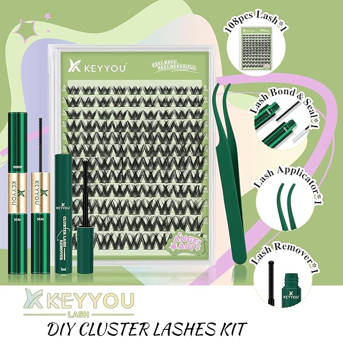 KEYYOU LASH Extension Kit 108Pcs Angel Lash Clusters Kit Thick Eyelash Extension Kit with Glue and Seal,Tweezers,Remover for DIY lash extension kit at Home（Kit-Angel A01-D-8-18MIX）
