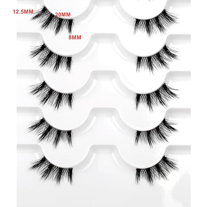 Natural Half Lashes Strips for Nude Makeup Spiky Short Doe-Eye Asian Eyelash Falsies 8 Pairs 3/4 Band Wispy Small Accent Lashes Fairy Wispies Cat Eye Clusters Faux Mink Extensions Fake Eyelashes