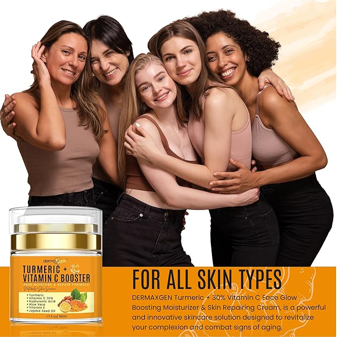 Dermaxgen Turmeric Face Cream with 30% Vitamin C – Glow Booster, Anti-Aging & Skin Repair Moisturizer for Dark Spots, Hydration & Radiance – Vitamin C Cream for All Skin Types (1.7 fl oz)