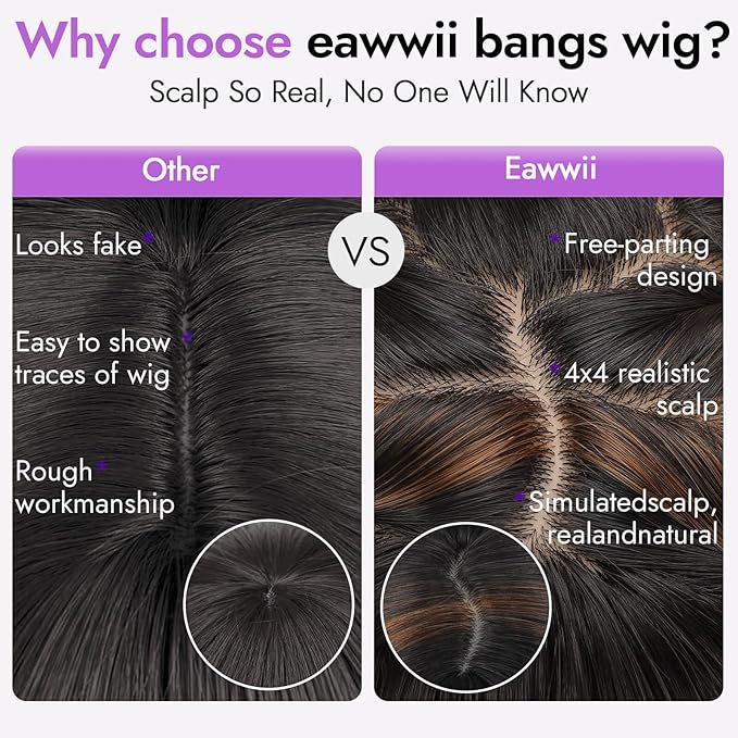 Long Black with Brown Highlights Wig with Bangs for Women,4x4 Realistic Scalp,Free Parting,Layered Hairstyle Synthetic Heat Resistant for Daily Party Use 26 inch