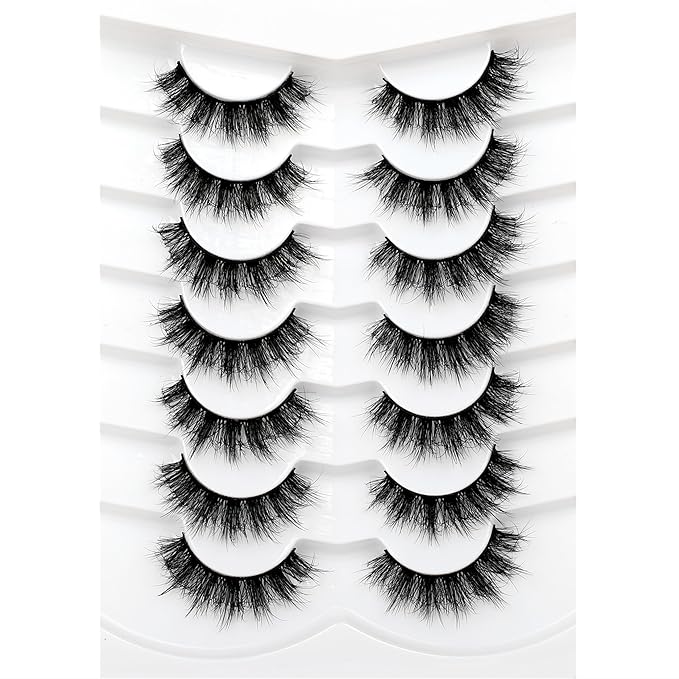 Pooplunch False Eyelashes Round Eye Lashes 8D Volume Fluffy Short Thick Crossed Natural Faux Mink Lashes Fake Eyelash Strips 7 Pairs Pack