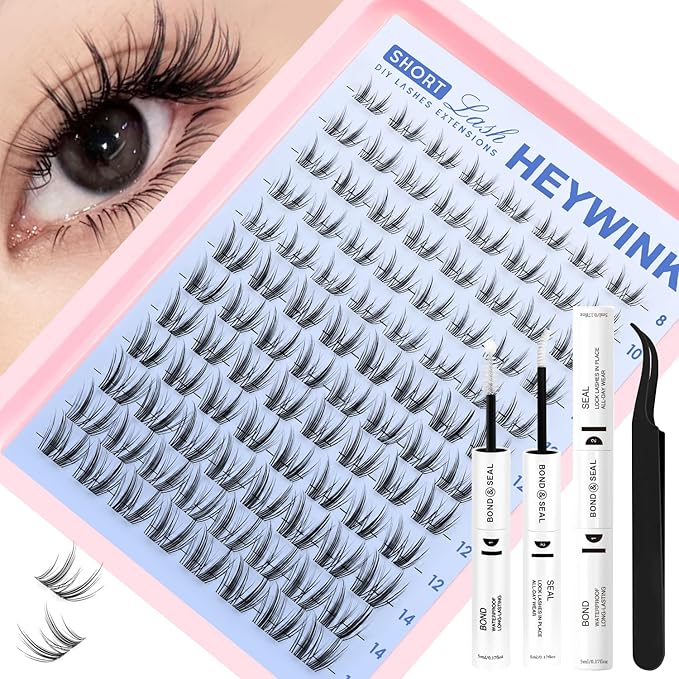 Freya Lash Clusters Kit Short 8-14mm Wispy Eyelash Clusters DIY Eyelash Extension Kit Spiky Cat Eye Lashes Individual Fake Eyelashes Clusters with 0.05mm Thin Invisible Lash Band(Freya Short Kit)