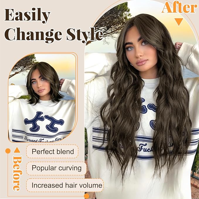 ALXNAN Clip in Long Wavy Synthetic Hair Extension 24 Inch Ash Brown 4PCS Thick Hairpieces Fiber Double Weft Hair for Women