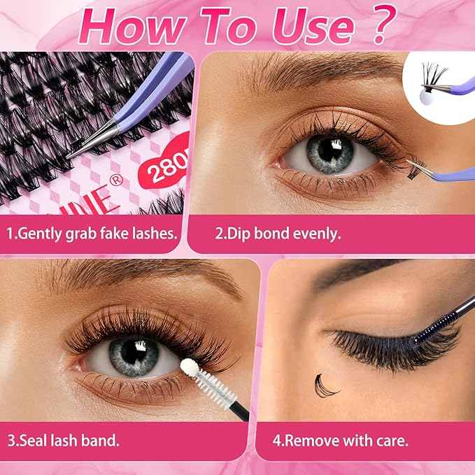 Lash Extension Kit 280PCS Eyelash Extension Kit 10-16mm Lash Clusters 40D+50D Lash Clusters Kit with Bond, Seal, Remover and Tweezers