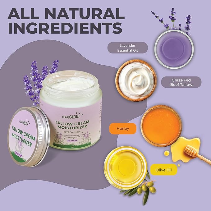 Clariglow Whipped Beef Tallow Skin Moisturizer - 100% Grass Fed Beef Tallow Face Cream - Natural Lotion Balm Body Moisturizer with Honey & Lavender - 4 oz