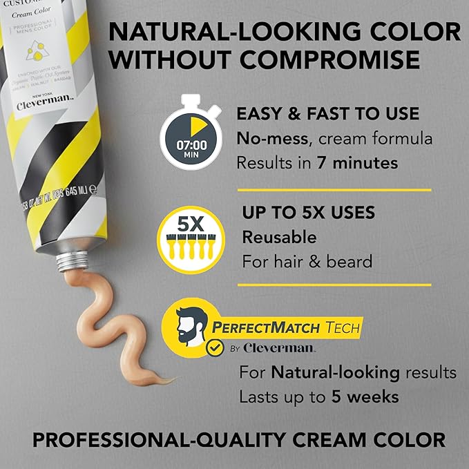 Cleverman Hair & Beard Dye Kit for Men, All-in-One Reusable Mens Hair Color, Natural Gray Coverage, Ammonia-Free Beard Mustache Dye for Men, Medium Brown