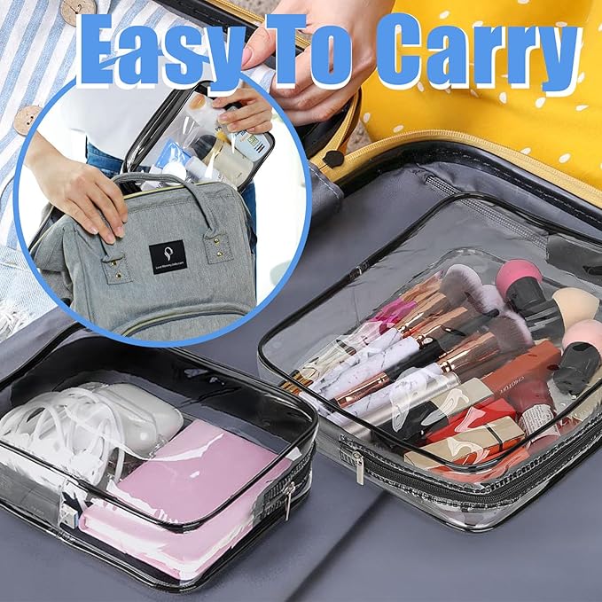 Eilyliafe 12 Pcs Clear Toiletry Bag PVC Waterproof Zippered PVC Cosmetic Makeup Carry Pouch TSA Approved Toiletry Bag for Travel Clear Organizer Storage Bags (Medium, Black)