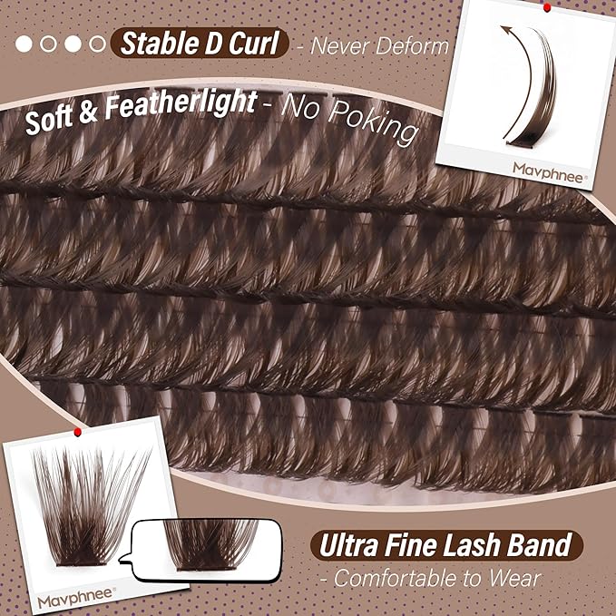 Brown Lash Spikes Eyelash Extensions Russian Lash Clusters D-Curly Lash Extensions Spiky 100D 120D Individual Lashes Wispy Cluster Lashes Pack 224 Pcs (12-19MM)