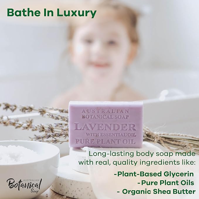 Australian Botanical Soap Lavender with Essential Oil 6.6 oz Luxury Soap Bars Enriched with Shea Butter, Pack of 4, Packaging May Vary