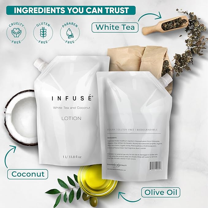 INFUSÉ 1 Liter Lotion Refill Bag For Soap Dispensers | Bulk Toiletries for Vacation Rentals, and Home Bathroom Showers | White Tea and Coconut | Set of 3