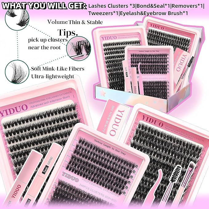 Lash Clusters Kit with 2X Bond&Seal 3 Styles 760Pcs Clusters Lashes Extension Volume Soft Eyelash Extension Kit 80D+100D D Curl Wispy Natural DIY Individual Lash Clusters Kit Box for Beginners