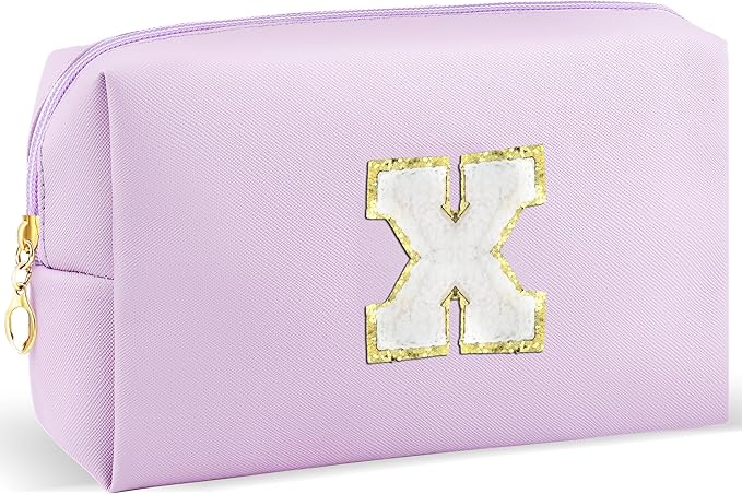 URSKYTOUS Gifts for Girls Initial Makeup Bag Personalized Cosmetic Bag with Zipper Cute Travel Toiletry Bag Waterproof PU Preppy Makeup Pouch Birthday Gift for Teen Girls Women(Purple X)