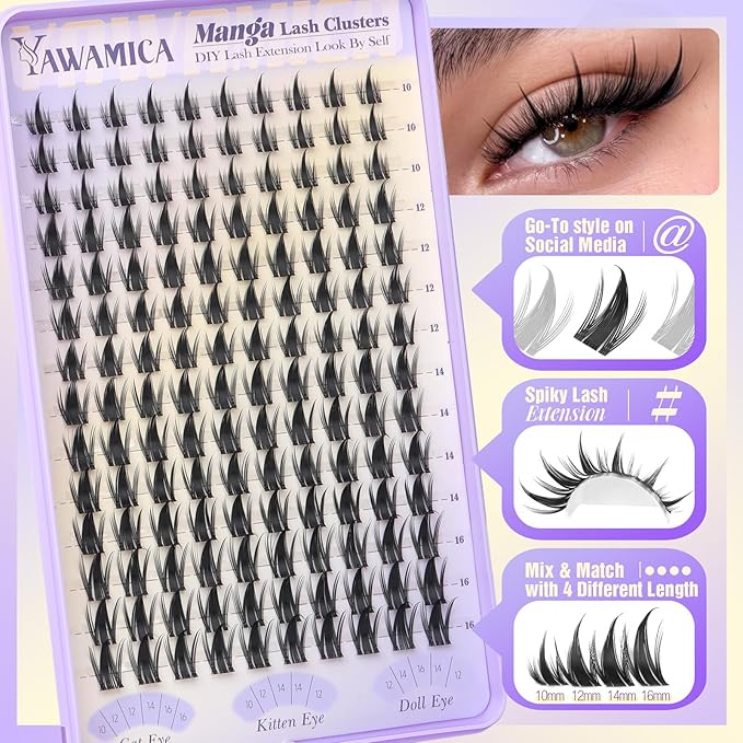 Yawamica Manga Lash Clusters Spiky Eyelash Clusters Wispy Lash Extensions 10-16mm Fairy Individual Lashes C Curl DIY Anime Lashes for Cosplay & Daily Wear