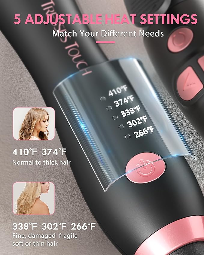 Rotating Curling Iron 1 Inch, Automatic Extra-Long Barrel Curling Iron with 30s Fast Heating for Beginners Long Hair Lasting Waves, Adjustable Temperature, Universal Voltage for Travel, Rose Gold