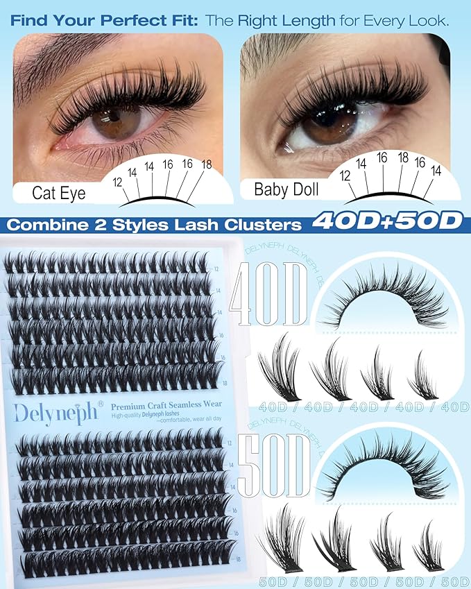 Wispy Lash Clusters Kit Natural Lash Extension Kit 40D+50D Fairy Eyelash Clusters Kit C Curly Cluster Eyelash Extensions with Spikes Individual Cluster Lashes by Delyneph