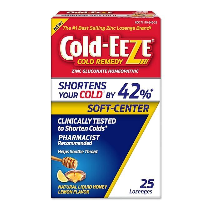 Cold-Eeze Soft-Center Liquid Honey Zinc Lozenges, Homeopathic Cold Remedy, Reduces Duration of The Common Cold, Sore Throat, Cough, Congestion and Post Nasal Drop, 25 Count