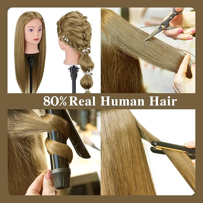 28 Inch Mannequin Head 80% Human Hair with Tripod Stand,Mannequin Cosmetology Manikin Practice Doll Head with stand,Braiding Hairdressing Head for Hair Styling with Table Clamp + DIY Hair Styling Set