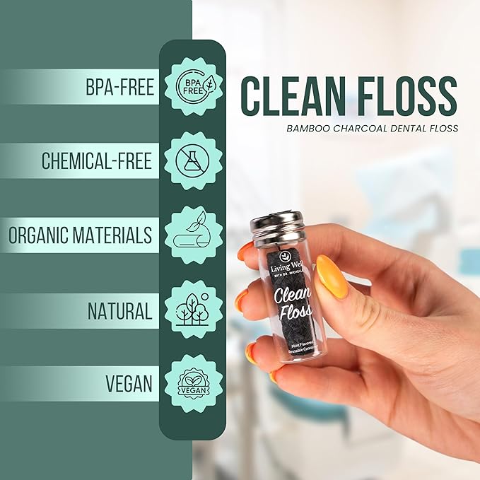 Living Well Bamboo Charcoal Dental Floss – Natural, Vegan, Biodegradable, PFAS-Free – Eco-Friendly Floss with Glass Jar – Zero Waste Oral Care