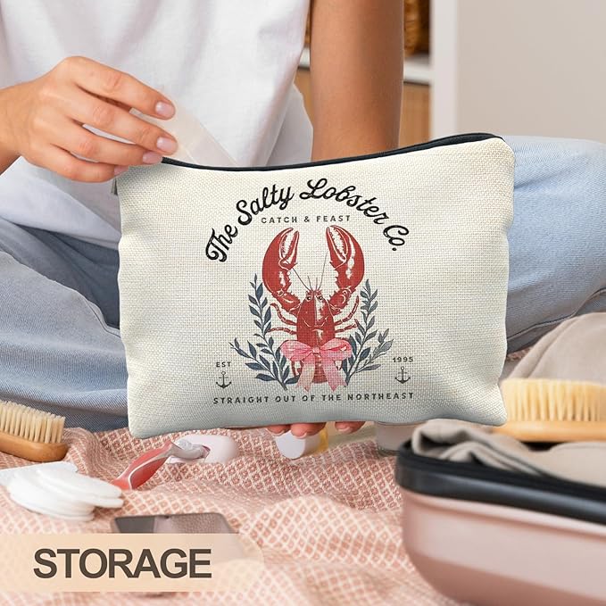 RYYCDOI Crawfish Makeup Bag, Coquette Pink Bow Coastal Beach Nautical Lobster Cosmetic Bags for Women, Summer Seafood Makeup Zipper Pouch, Gifts for Beach Lovers