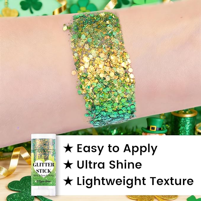 DAGEDA Laser Green Body Glitter Stick,St Patricks Day Accessories,Sparkly Face Glitter Makeup,Holographic Hair Glitters St Paddys Outfits for Women, Shimmer Face Paint Stick for Mardi Gras Accessories