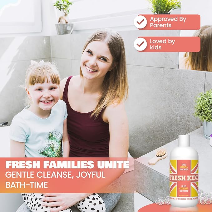 Fresh Kidz Body Wash for Kids and Teens - Gentle Bath and Shower Cleanser for All Skin Types - Girls "Coral", 16.9 Fl.Oz.