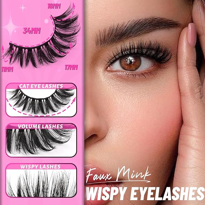 Veleasha Lashes Dramatic Lashes Fluffy Faux Mink D Curl Eyelashes V Shape Volume 10-18MM 3D Effect Eyelash Thick False Eyelashes （833）