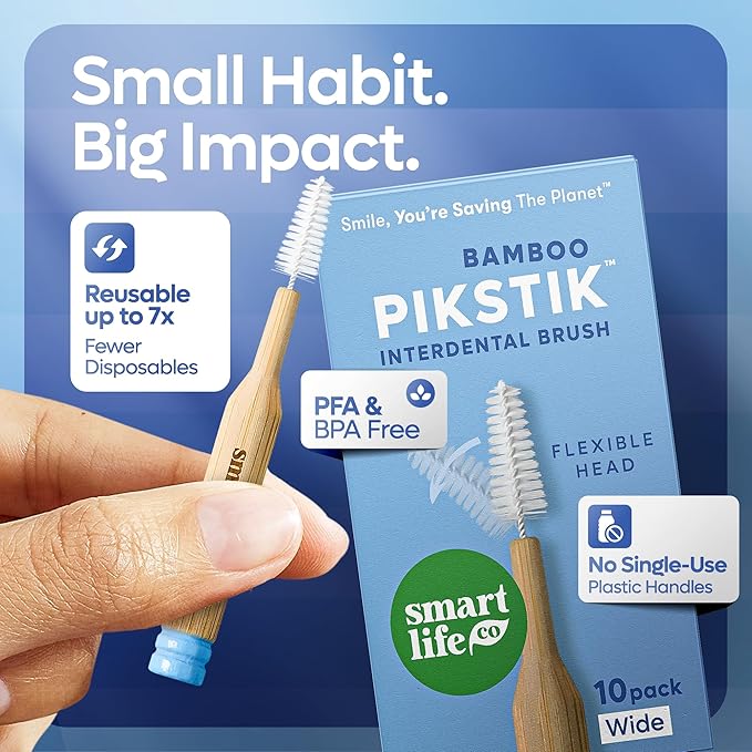 SmartLifeco Bamboo Interdental Brushes (10 Count) - Eco-Friendly Proxabrush, Reusable Dental Picks, Flexible Soft Bristles, Superior Gum & Teeth Cleaning, Toothpicks for Braces, PikStik - Wide Gaps