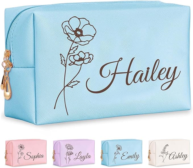 Fincekoom Valentines Day Gifts for Her Teen Girls, Personalized Makeup Bag with Name & Birth Flower, Custom Leather Cosmetic Bags for Women, Customized Travel Toiletry Bag Gifts for Bridesmaid Wedding