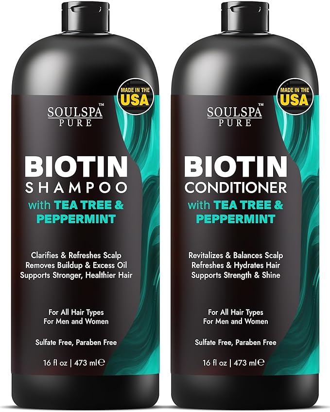 Biotin Shampoo and Conditioner Set for Men & Women with Tea Tree & Peppermint | Sulfate Free Scalp Care & Hair Strengthening System for Thinning, Color Treated & Dry Hair – 16 floz Each | SOULSPA PURE