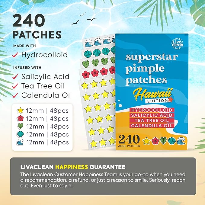 Livaclean 240 CT Cute Pimple Patches for Face w/ Salicylic Acid, Tea Tree Oil & Calendula Oil - Zit Stickers, Hydrocolloid Acne Patches for Face - Acne Stickers - Star Pimple Patch - Hawaii Edition