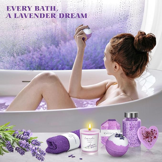 Valentines Day Gifts for Her, Bath Gift Set for Women, Birthday Gifts for Wife Women Sister Mom Auntie Grandma Friends, Relaxing Spa Self Care Lavender Bath Bombs Set﻿