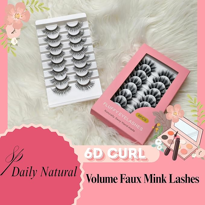 Natural Lashes Spiky False Eyelashes, Wispy Look Invisible Band Flared Eyelashes, False Eye Lashes Soft Fluffy Lashes 8 Pairs Black 9-15MM