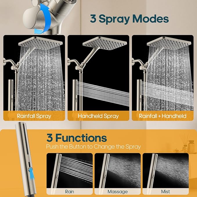 Hombeter Shower Heads with Handheld Spray Combo Brushed Nickel, 10 Inch High Pressure Rain/Rainfall Shower Head, Height Adjustable Dual 2 in 1 Shower Head System with Stainless Steel Hose