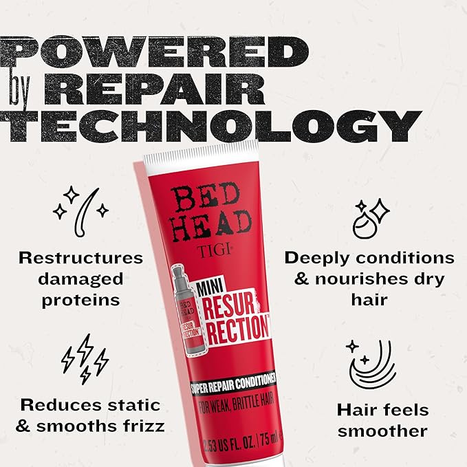 Bed Head by TIGI Resurrection Super Repair Conditioner Travel Mini – Repairing conditioner for dry, brittle and damaged hair with added moisture and nourishment, 2.53 fl oz (Pack of 2)